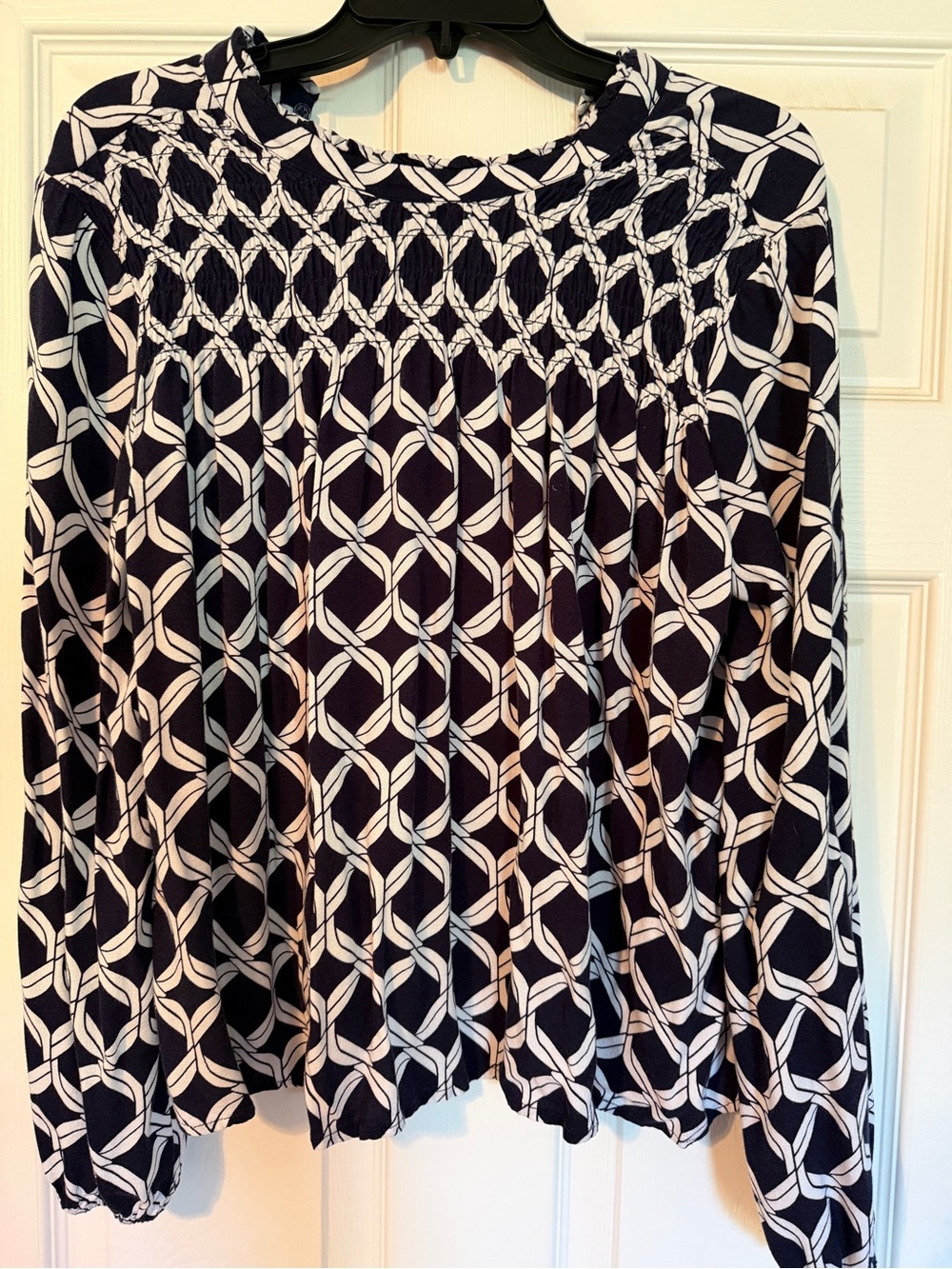 crown & ivy Navy and White Geometric Smocked Shirt